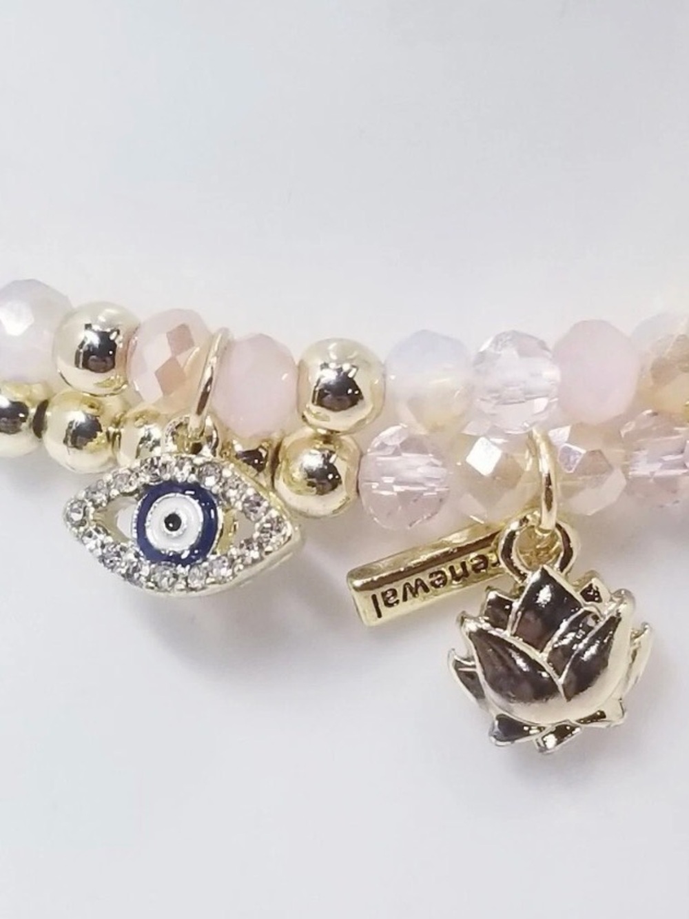 Origami Owl Beaded Pink Crystal Evil Eye & Lotus Charm Bracelet Stack
